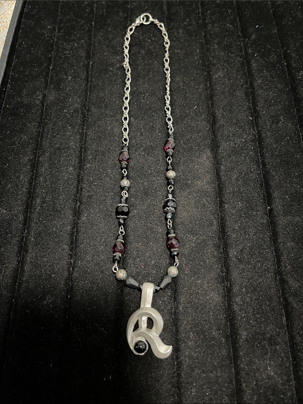 L👀K 3 for $15 Silver/Pewter  'R' Initial Pendant Necklace with Garnet Accents
